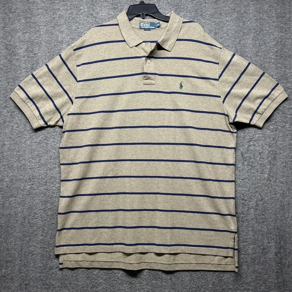Polo Ralph Lauren XXL‎ Striped Polo Shirt Tan Navy Blue Classic Fit